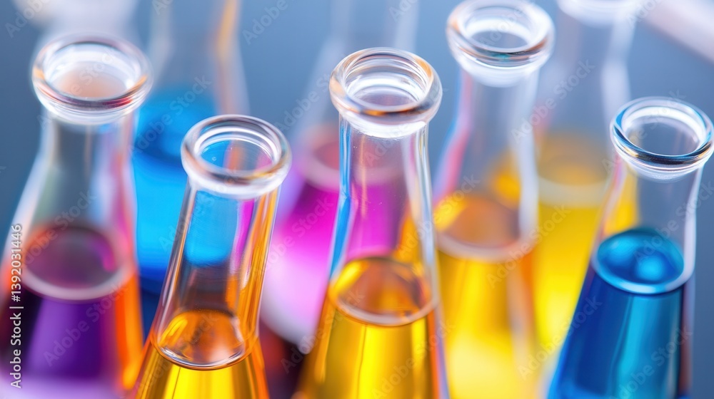 Colorful test tubes filled with various liquids in a laboratory setting Colorful test tubes filled with various liquids in a laboratory setting