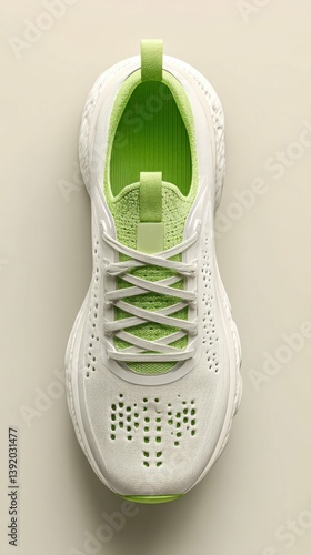 A single white and green running shoe is seen from above, showing off its sleek design.