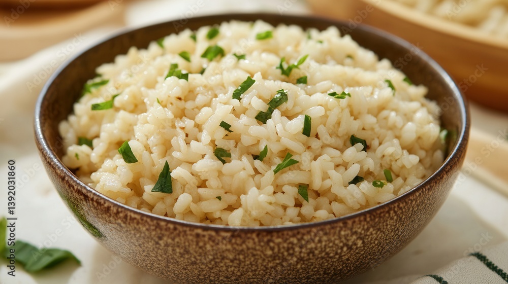 Creamy, fluffy rice dish garnished with fresh herbs Creamy, fluffy rice dish garnished with fresh herbs