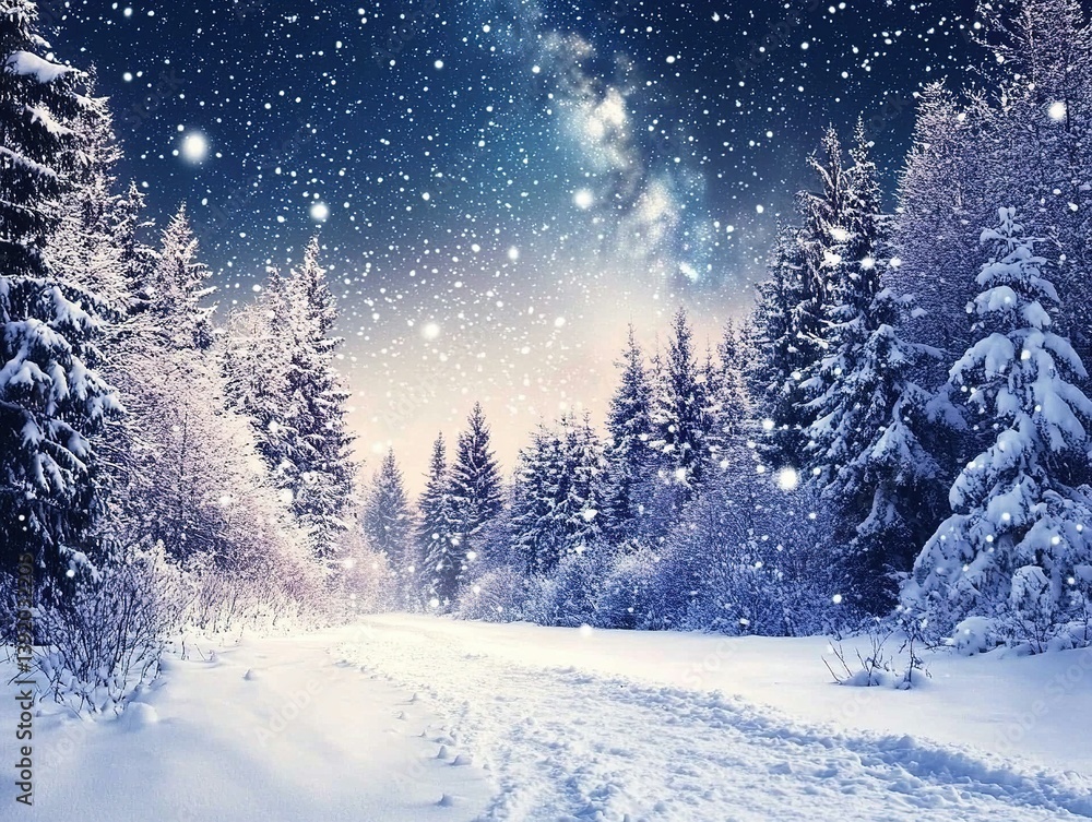 Fototapeta premium Snow covered forest under starry sky, winter landscape with evergreen trees and aurora borealis shining in darkness, clear night sky full of stars, tranquil and magical natural scene.