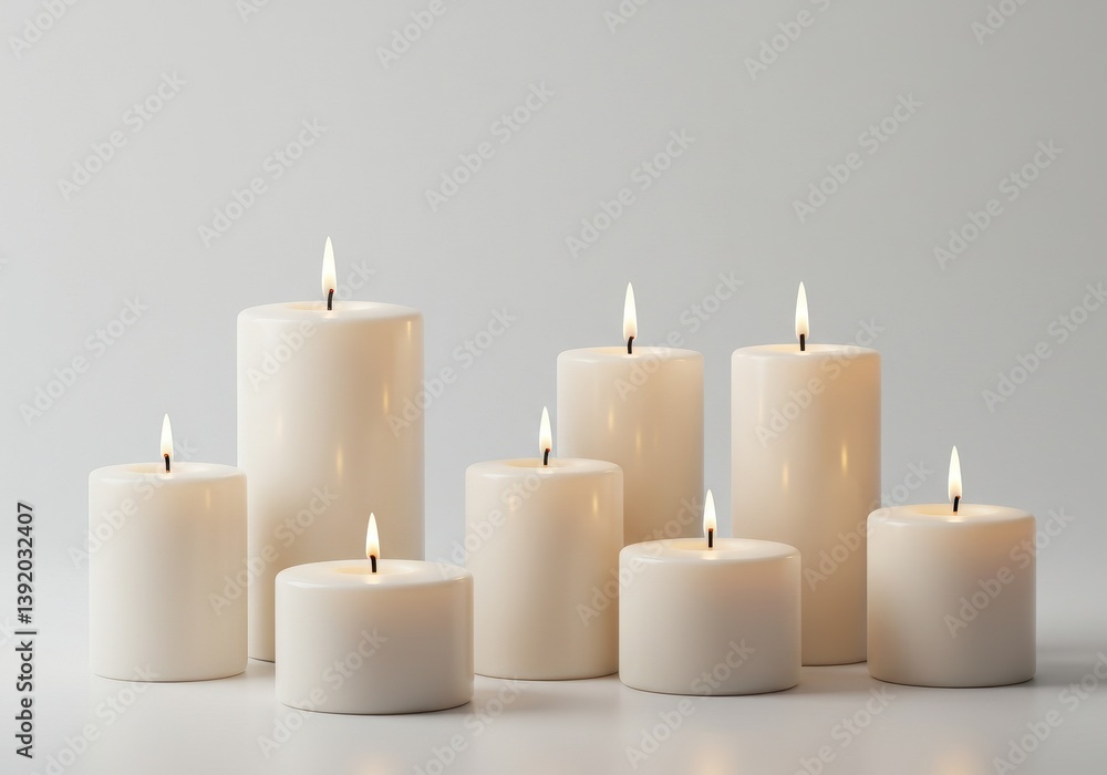 White pillar candles varying heights White pillar candles varying heights