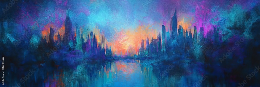 Fototapeta premium Abstract cityscape reflection on water with colorful sky and blurred effect.