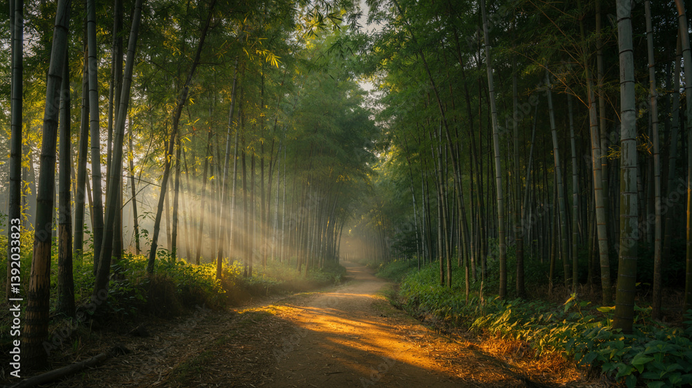 Naklejka premium Sunlight filters through bamboo trees along a serene path in a tranquil forest at dawn