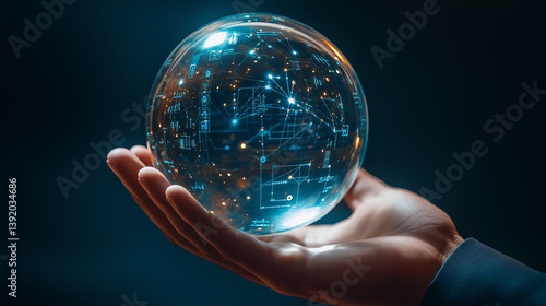 Businessman’s Hand Holding Crystal Ball with AI and Digital Network Icons