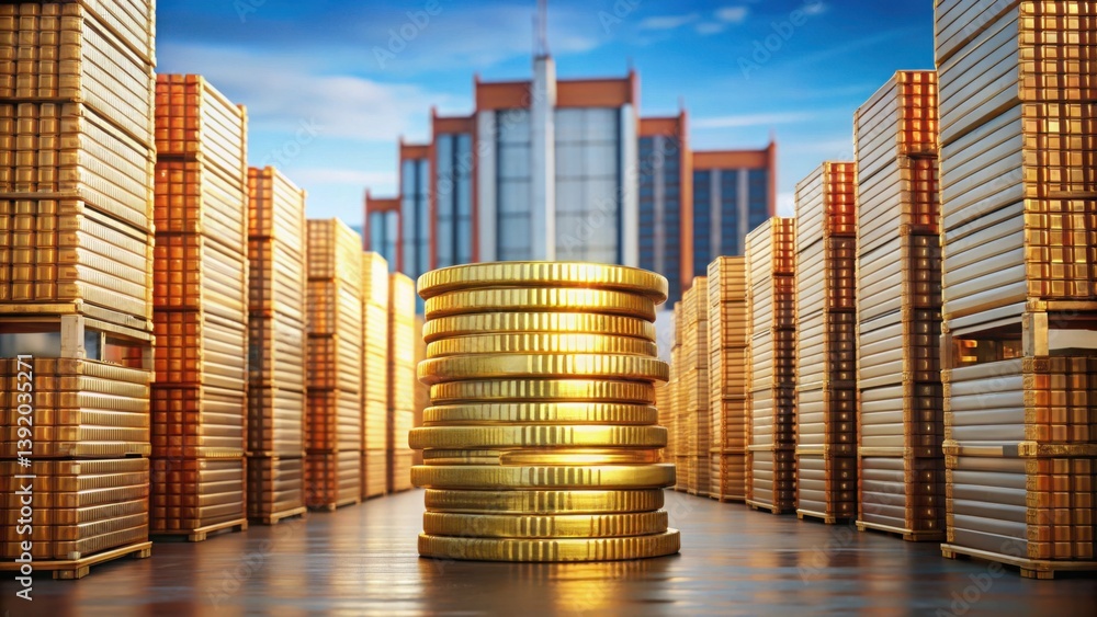 Stacked Coins Forming a Barrier in Industrial Setting with Gigapixel Clarity Stacked Coins Forming a Barrier in Industrial Setting with Gigapixel Clarity