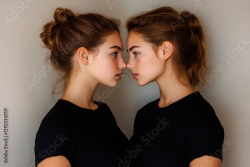 Two identical twin beautiful young women with their hair in buns, facing each other and touching foreheads, wearing black t-shirts, looking into one another's eyes.