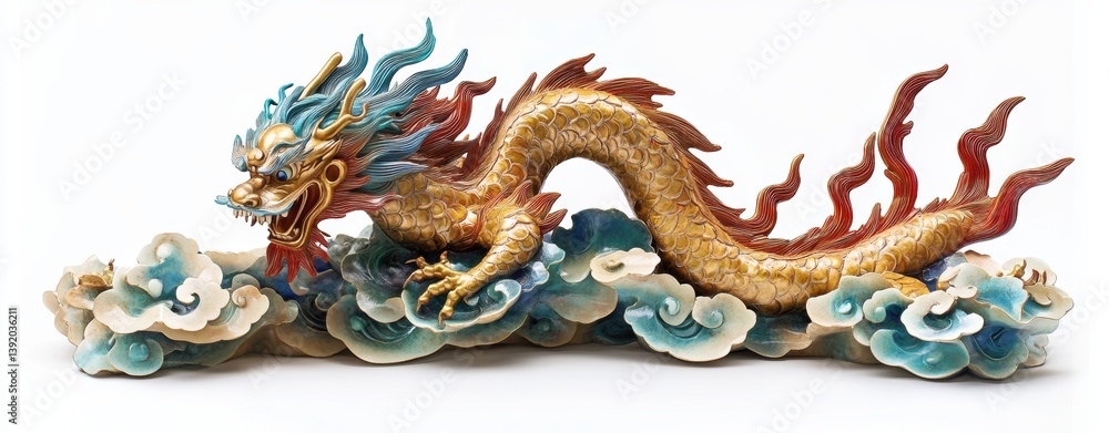 Obraz premium Majestic Dragon's Descent: A captivating close-up showcases a vibrant, artistically sculpted dragon, gracefully descending amidst stylized clouds, representing power and fortune.