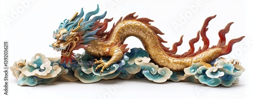 Wallpaper Mural  Majestic Dragon's Descent: A captivating close-up showcases a vibrant, artistically sculpted dragon, gracefully descending amidst stylized clouds, representing power and fortune. Torontodigital.ca