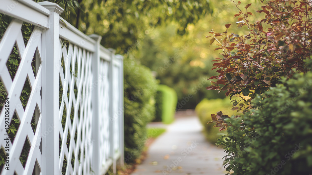 Fototapeta premium Vinyl Fence Framing a Beautiful Garden Path and Trees in the Background