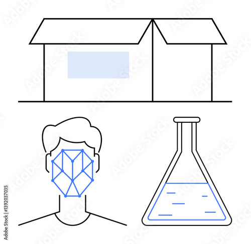 Outline of a box, human head with facial recognition grid, and a beaker with liquid. Ideal for AI, biometrics, science, research, laboratory work technology security. Flat simple metaphor
