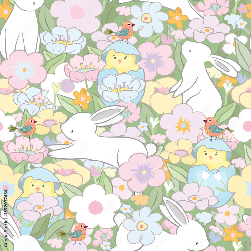 Cute easter bunny easter egg and bird in flower garden seamless pattern Cute easter bunny easter egg and bird in flower garden seamless pattern