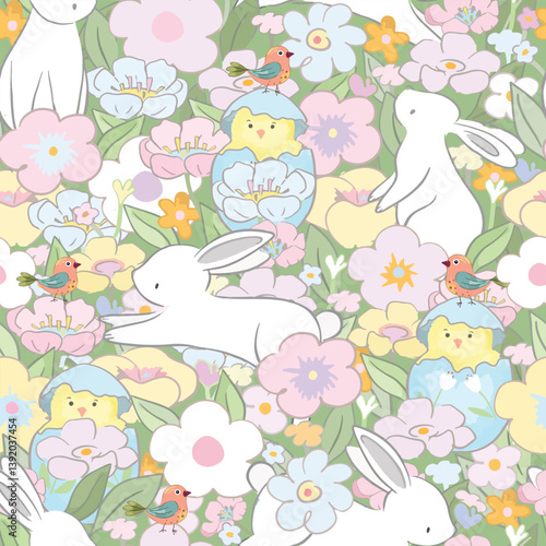 Cute easter  bunny easter egg  and bird in flower garden seamless pattern