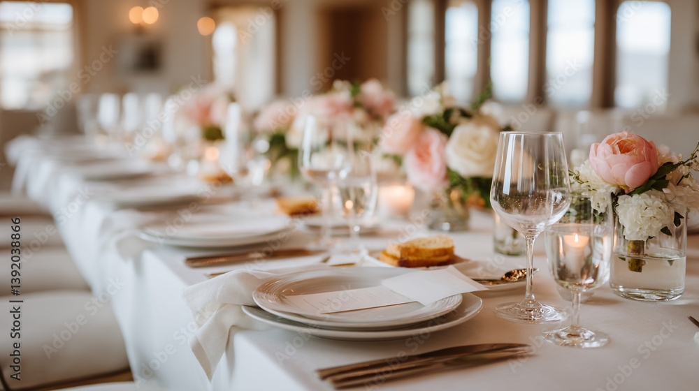 A long table set for a formal event with floral arrangements and elegant glassware and white tablecloth A long table set for a formal event with floral arrangements and elegant glassware and white tablecloth