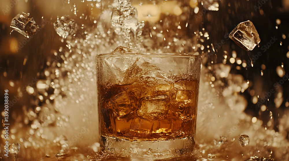 Whiskey splash, ice cubes, bar, dark background, drinks menu Whiskey splash, ice cubes, bar, dark background, drinks menu