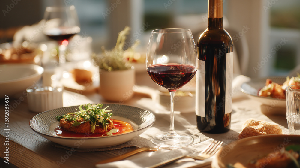 A beautifully set table with red wine a bottle and delicious food in a bright and elegant setting A beautifully set table with red wine a bottle and delicious food in a bright and elegant setting
