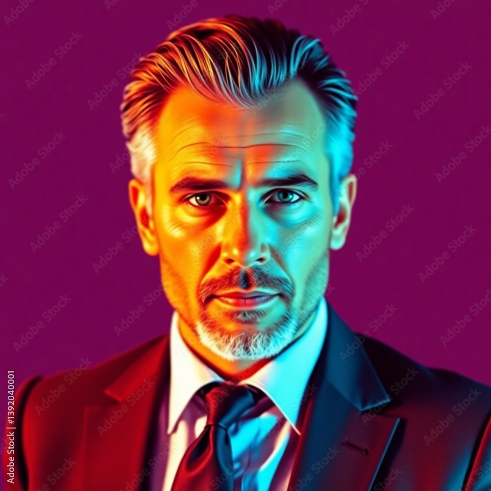 A professional high-resolution stock photo showcasing a pixelated man in a suit, vibrant 80s color scheme A professional high-resolution stock photo showcasing a pixelated man in a suit, vibrant 80s color scheme