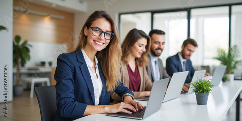 Female leader formal attire desk. Adult worker happy career growth. Indoor modern office job. People co working, good laptop skills. Woman suit. Team ethic life, focus work Woman suit Young lady smile