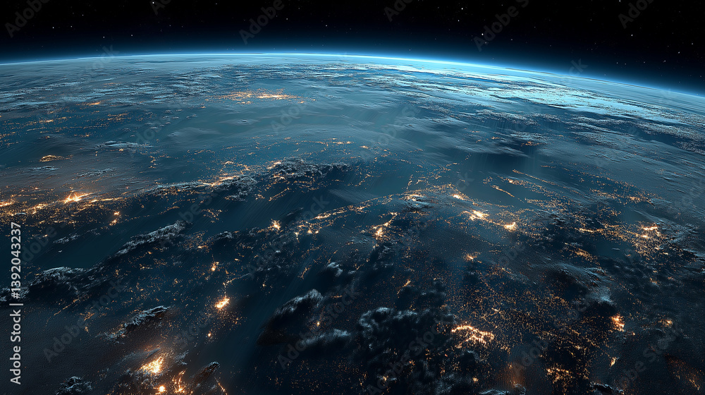 A serene view of Earth from space, with city lights twinkling below. A serene view of Earth from space, with city lights twinkling below.