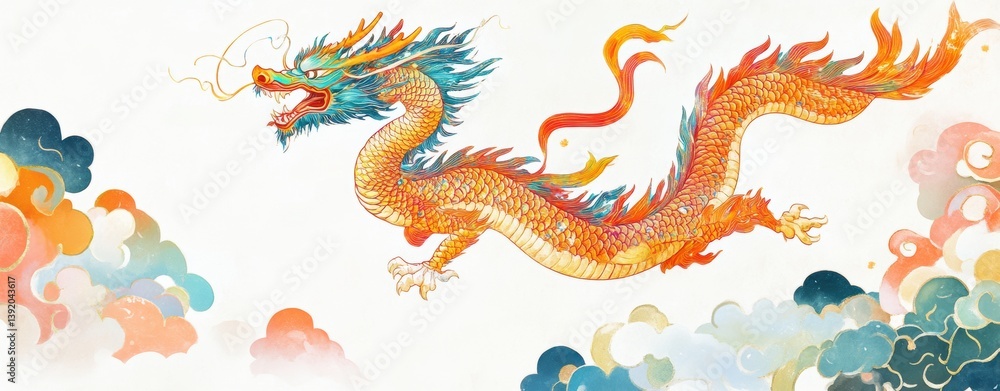 Fototapeta premium Majestic Celestial Dragon Soaring Through Clouds: A mythical dragon gracefully glides across the ethereal sky, its scales shimmering with vibrant hues. The image embodies strength, wisdom.