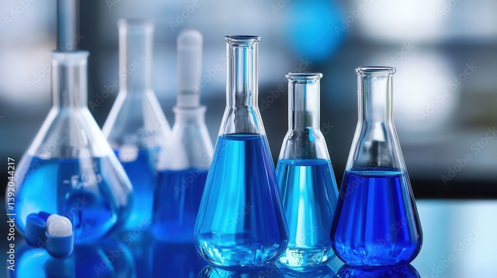 Laboratory glassware filled with blue liquids Laboratory glassware filled with blue liquids