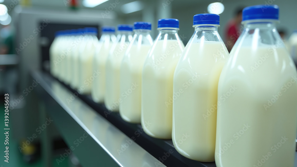 rows bottles filled fresh milk move along conveyor belts rows bottles filled fresh milk move along conveyor belts