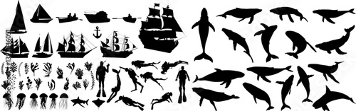set silhouette blue whales, scuba divers, ships vector