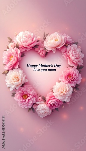Elegant Floral Heart Frame for Mother's Day - Pink Peony Wreath with 'Love You Mom' Message Card Design - high resolution premium collection