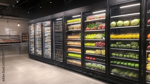 Modern grocery store with refrigerated display cases filled with fresh produce and baked goods