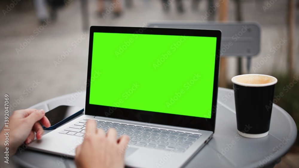 Camera focus on small table with smartphone, laptop and coffee cup. Someone using laptop with green screen. Using touchpad with one hand. Chroma key visible on display. People in blurred background. Camera focus on small table with smartphone, laptop and coffee cup. Someone using laptop with green screen. Using touchpad with one hand. Chroma key visible on display. People in blurred background.