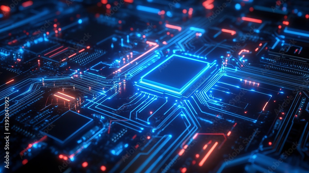 Close up view of a glowing blue and red circuit board with a central processor unit visible in detail Close up view of a glowing blue and red circuit board with a central processor unit visible in detail