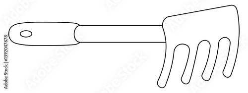 Mini garden rake. Sketch. A tool for loosening the ground, removing weeds with a handle and a hole in it for hanging. Vector illustration. Outline on an isolated white background. Doodle style. 