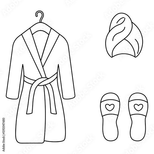 Set of clothes for spa procedures. Sketch. Wrap-around bathrobe with belt, hair towel turban, soft house slippers. Vector illustration. Outline on isolated white background. Doodle style Coloring book