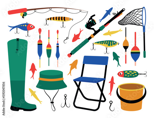 Fishing equipment big set. Colorful fishing rod, bait, fishing clothes, tools. Each element is isolated.