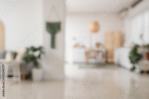 Foto Interior of stylish studio apartment with living room and kitchen, blurred view