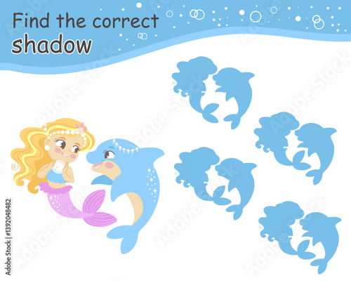 Matching activity find the correct shadow with cute mermaid. Fairytale marine quiz with cute mermaid. Find correct silhouette printable worksheet, game for kids. Vector isolated illustration