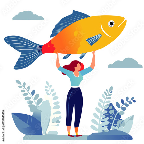 Smiling Woman Holding a Big Red Fish – Seafood Catch or Market Illustration

