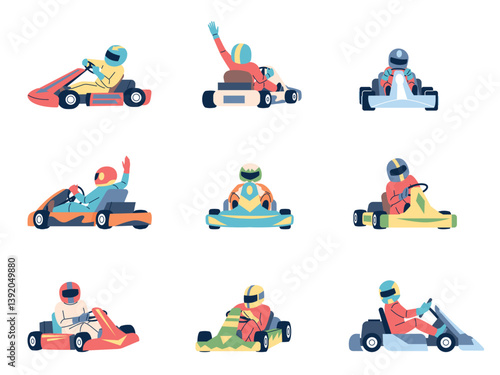 Kart racing. Extreme sport men in uniform and helmets driving open wheel cars. Speed racers in car, different rotations. Karting recent flat vector characters