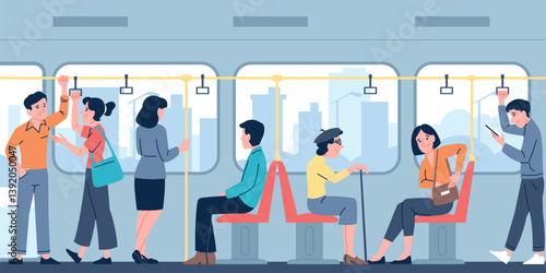 People inside bus. Passengers sitting and standing in public transport. Men women commute by trolleybus or tram, talking and reading, recent vector scene