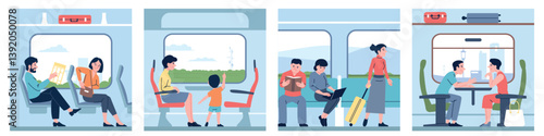 Train journey. People in different carriages. Travel by public transport, single couple and family passengers. Railway travellers recent vector scenes