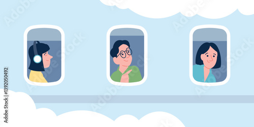 People looking out porthole. Passengers on plane board looking outside. Flight on vacations, travel to home. Tourists rest in aircraft, recent vector scene
