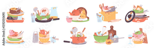Stacks of dirty dishes. Messy kitchenware, piles of dishes plates cups bowls. Pots and pans with fat, crockery and utensils after food, racy vector set