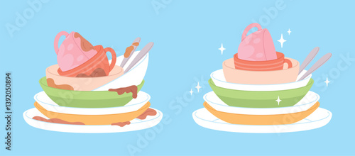 Clean dirty dishes. Piles of kitchenware, messy plates cups and bowls and washing with detergent or in dishwasher. Cleaning crockery, racy vector elements