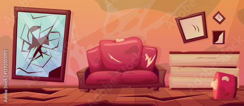Dirty room. Damaged soft and wooden furniture, sofa with damaged upholstery, broken mirror and paintings. House after earthquake nowaday vector scene