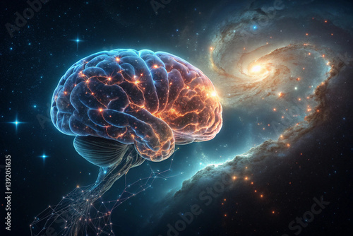 Glowing human brain with neural energy patterns in a cosmic galaxy background with stars and planets
