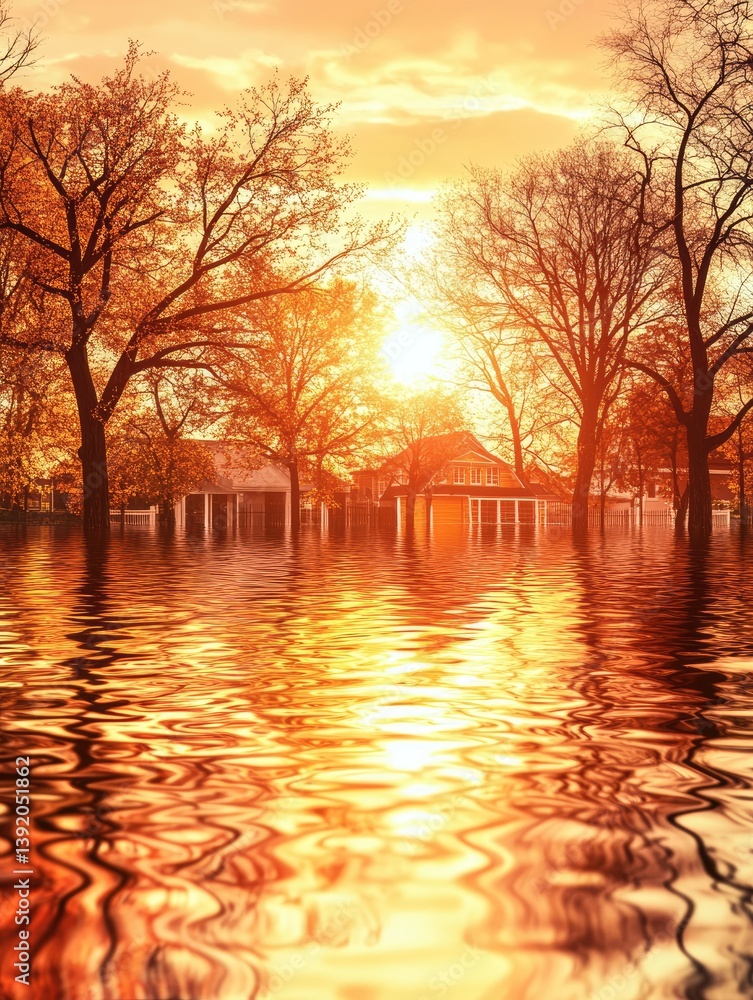 Naklejka premium Flooded town at sunset (1)