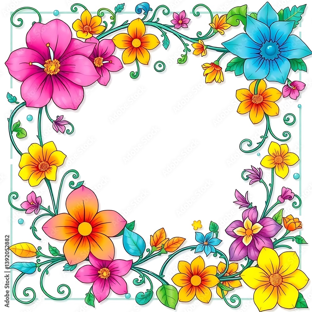 colorful flowers and vines frame on white background with copy space colorful flowers and vines frame on white background with copy space