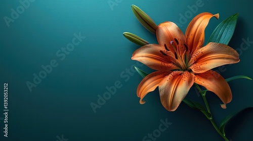 A muted teal background with a single orange lily on the corner.  HD 8K mockup wallpaper Photographic Image