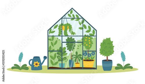 Greenhouse with plants isolated on white background. Spring and gardening concept banner. Vector hand drawn cliparts.