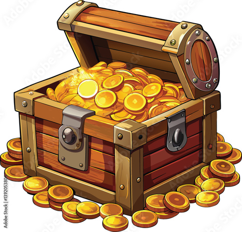 A wooden treasure chest overflowing with shiny gold coins