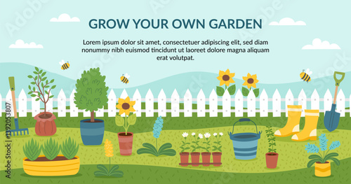 Spring and gardening concept banner. Green lawn with plants and garden equipment. Vector hand drawn background.